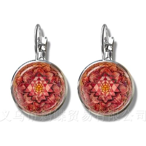Indian Lucky Flower Jewelry Religious Mandalas Trendy Stud Earrings Zen Charms 16mm Glass Cabochon OM Yoga Jewerly Earrings