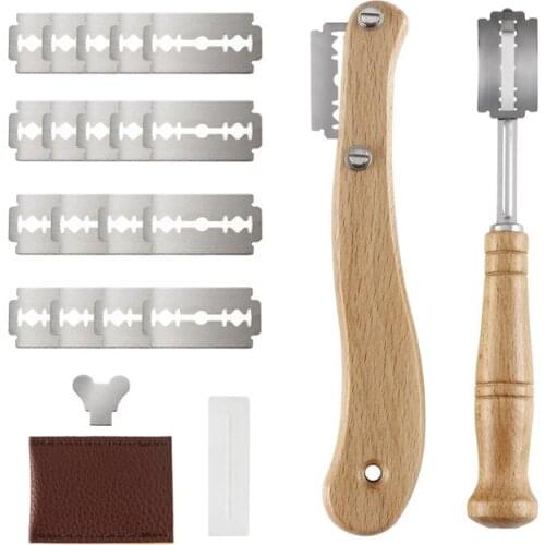 2 Pcs Wooden Handle Bread Lame Bread Slashing Tool Dough Scoring Tools with 10 Pieces Replaceable Blades for Baking