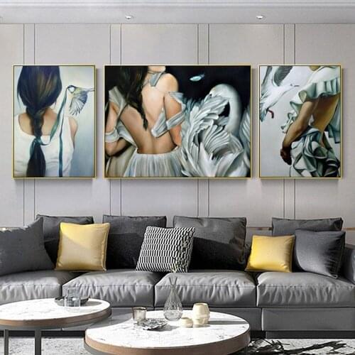Beautiful Girl Flying Bird Triptych Canvas Painting Creative Art Woman Back View Poster Simple Living Room Home Decor Pictures