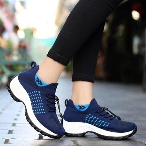 Women Sneakers Fashion Wedges Casual Shoes Platform Mesh Flying Knitting Shoes Breathable Walking Shoes Female Trainers Size 41