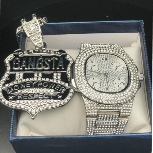 Luxury Men Watch Men Jewelry Stylish Watch & Necklace Combo Set GANGSTA Pendant Ice Out Cuban Watch Pendant Necklace