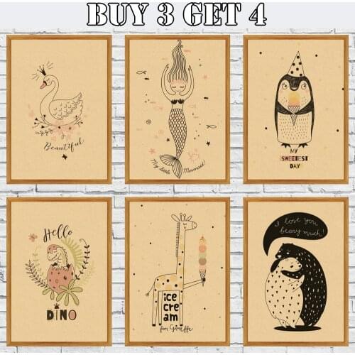 Modern Simple Animal Kraft Paper Poster Nordic Star Cartoon Rabbit Panda Style Picture ChildrenS Room Decor