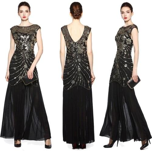 New 1920S Sequined Evening Dress Hand beads Floor length Party Dress Cap Sleeve Tulle Mermaid Formal Dress Black Gold Pink Gown