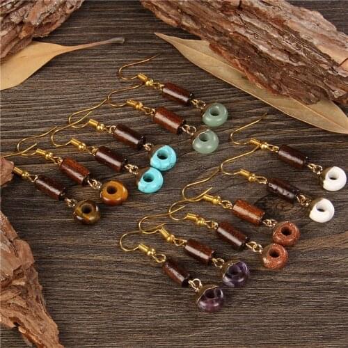 Vintage Fashion Handmade Natural Semi-Precious Round Stone Jades Wood Charm Earrings For Women Girls Drop Earring Wholesale Gift