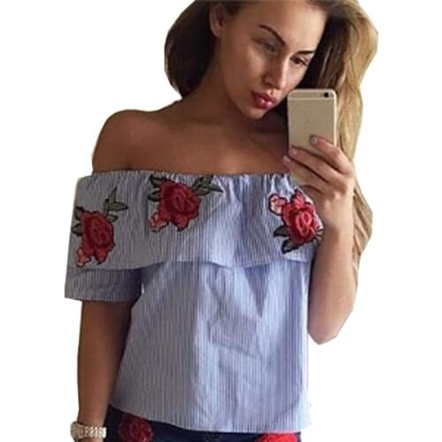 T-shirt Women 2019 Sexy Slash Collar open-shouldered Back Embroidery Rose Stripe Top T-shirt Korean Vestidos HJY7428