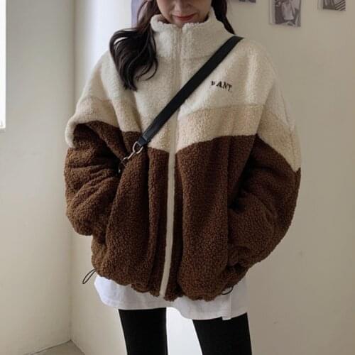 Women Winter Autumn Warm Faux Lamb Wool Fleece Color Patchwork Zipper Loose Jacket Female Outwear Coat