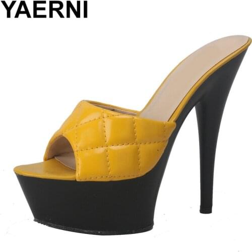 YAERNI 2021 New Ladies Sandals Slippers Platform Fashion Open Toe Spike Heels 14.8cm High-Heeled Summer Solid Women Shoes