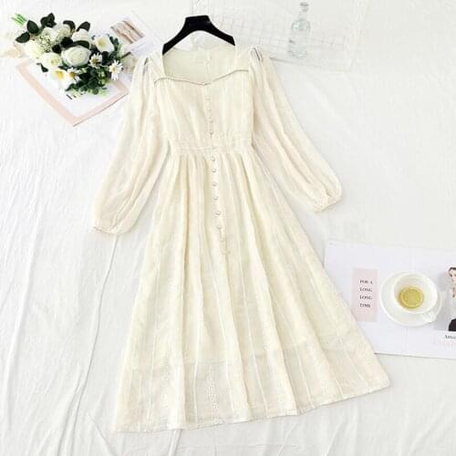 Elegant Square collar Chiffon Dress 2020 Autumn Winter Vintage Slim Long Sleeve Women Dress Office Lady Casual Midi Dress