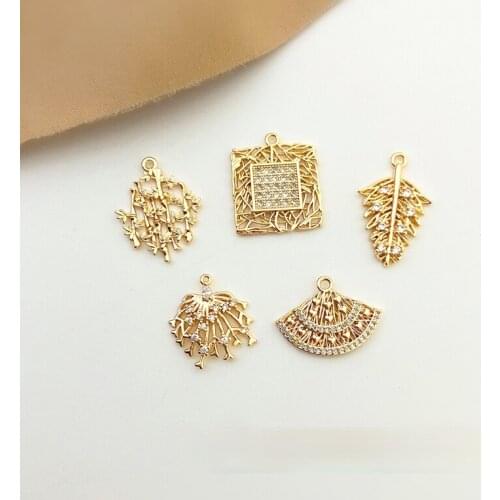 18K gold inlaid with zircon exquisite forest branch bamboo leaf fan-shaped square pendant DIY earrings necklace material 2PCS