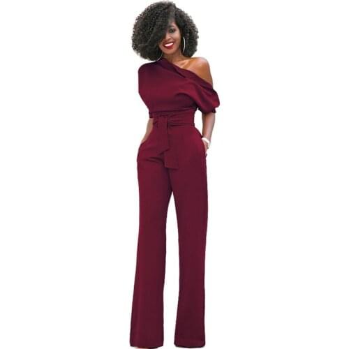 Duzeala 2021 High Quality Autumn Casual Jumpsuit One Shoulder Slash Neck Button Romper Full Length Jumpsuit Wide Legs Jumpsuit