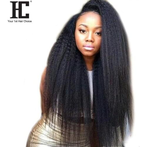 HC 360 Lace Frontal Wig Kinky Straight Pre Plucked With Baby Hair Peruvian Remy Human Hair Wigs 180% Natural Hairline Black Wig