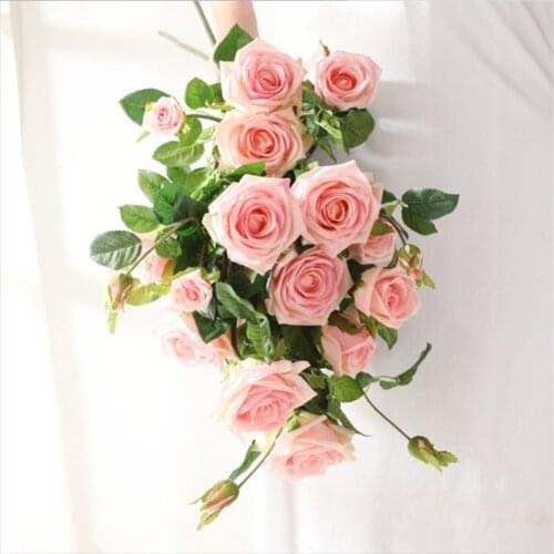 5pcs/lot Wedding Party DIY 5 Heads 90cm Pink/Red/Yellow/White Plastic Rose Flower Bouquet Ceremony Favor Decor Artificial Flower