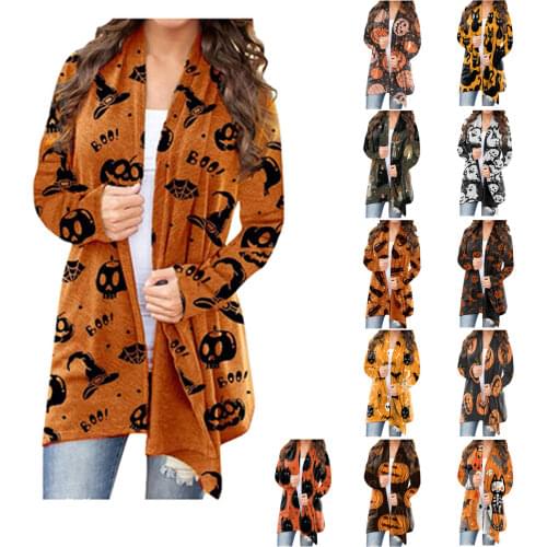 Halloween Cardigan Coat Women Casual Loose Long Sleeve Creative Cat Pumpkin Print Cape Lady Clothes Halloween Costume