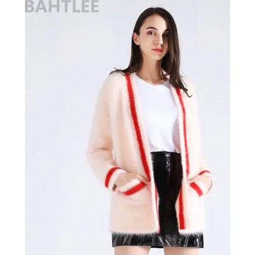 BAHTLEE Winter Womens Angora Cardigans Knitting Sweater Mink Cashmere Long Sleeve Looser V-Neck Pockets Keep Warm