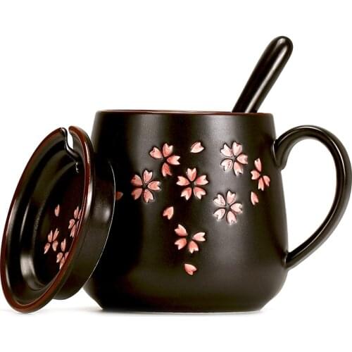 Ceramics Mug Cherry Blossoms Petal Matt Dull Polish Cover Spoon Set Teacup Coffee Milk Tea Cup Copo Exquisite Drinkware Gift Box
