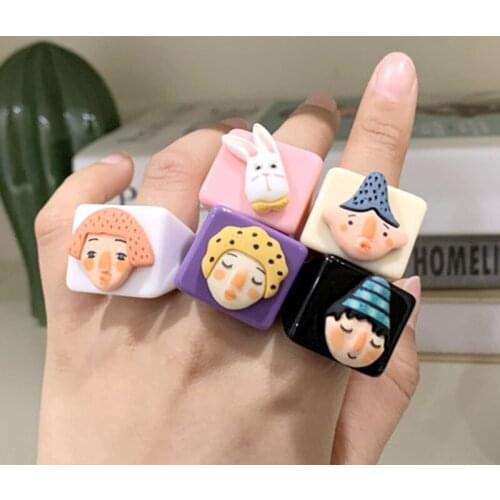 Korean Cartoon Character Clown Rings for Women Cute Vintage Handmade DIY Geometric Resin Rings Charms Jewelry 90s Aesthetic New