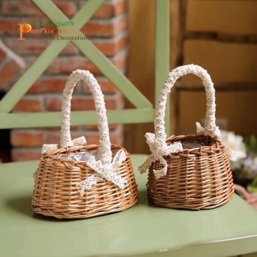 Handmade Pure natural wicker rattan storage box,fabric lace bow storage basket,home natural fresh style Flower arrangement box