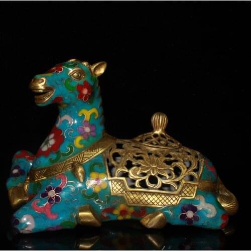 Chinese Antique Incense Burner ,Old Pure Copper Handmade Cloisonne Horse Ornaments,Home Decoration Metal Censer Crafts