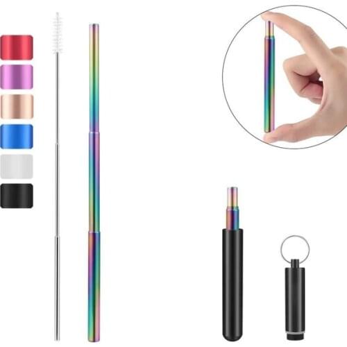 Reusable Stainless Steel Straws with Aluminum Keychain Case Cleaning Brush Collapsible Telescopic Portable Drinking Straws
