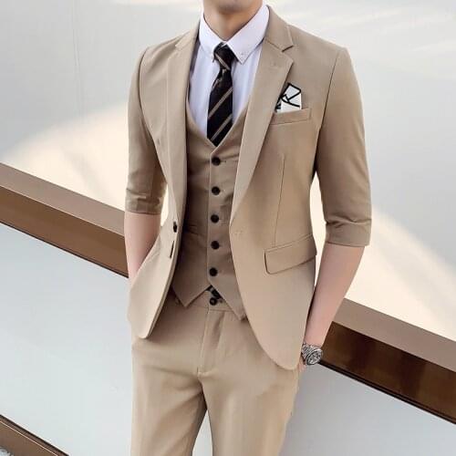 Jacket + Vest + Pants) young summer Half sleeve gentleman England suit mens Wedding business casual wedding Wedding dress Suit