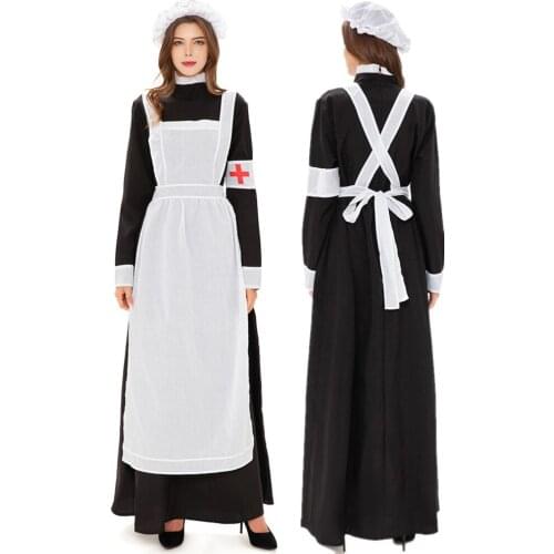 French Manor Maid Apparel Servant Dress For Adult Women Halloween Role play Red Cross Nurse Costume Outfit