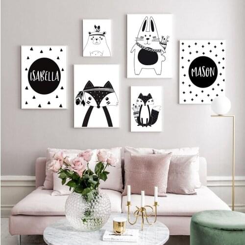 Black White Cartoon Bear Rabbit Baby Nursery Wall Art Canvas Custom Name Print Painting Nordic Picture Kid Room Decor