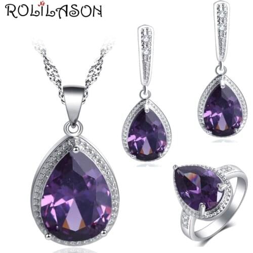 ROLILASON Magical Charm Purple Zircon For Women Water Drop Design Earrings Necklace Rings Jewelry Sets JS741