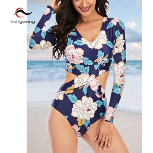Print One Piece Swimsuit Women Swimwear Floral Monokini Long Sleeve Cut Out Female Bathing Suit Surfing Bodysuit Swim Wear XXL