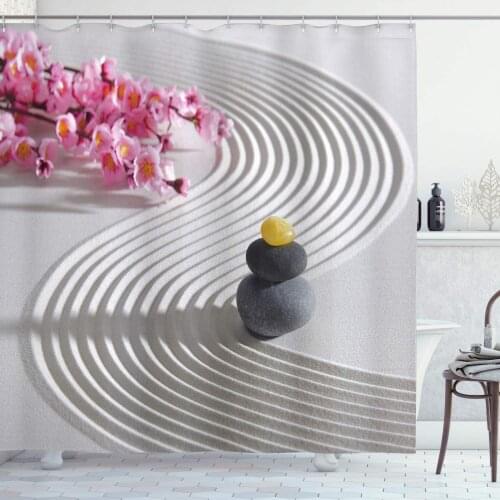 Spa Shower Curtain Japanese Stones of Meditation Sand with Orchids Relax Yoga Spirit Picture Bathroom Decor Set with Hooks 75"