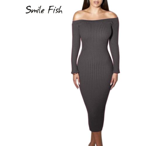 Sexy Club Women Dress Slim Bodycon Autumn Winter Midi Dresses Slash Neck Knitted Sweater Fashion Long Sleeve Off ShoulderM0615