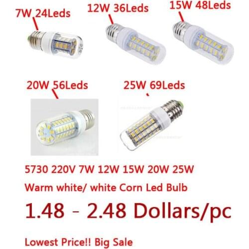 1PCS/Lot Free Shipping E27 Led Lamps 5730 220V 7W 12W 15W 18W 20W LED Lights Corn Led Bulb Christmas Lighting White/Warm White