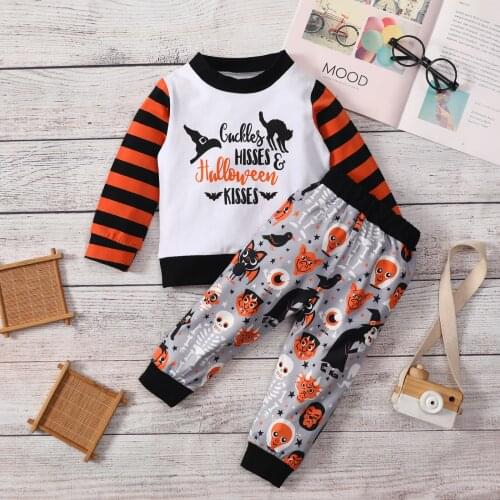 FOCUSNORM 0-4Y Newborn Baby Boys Halloween Clothes Sets 2pcs Cartoon Printed Long Sleeve Sweatshirt Striped Pants