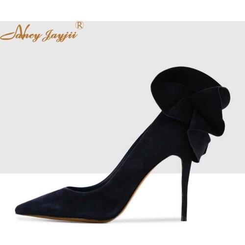 Dark Blue Stilettos Sexy Flower on 4 Inch Thin High Heels Pointed Toe Elagant Party Dress Fashion Women Shoes 2019 Plus Size 16