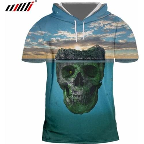 UJWI 3D Terrestrial Ocean Skull Mens Hooded Tshirt Printed Scenery Theme Man Hoodies Tee Shirt Unisex Large Size Casual T-shirt