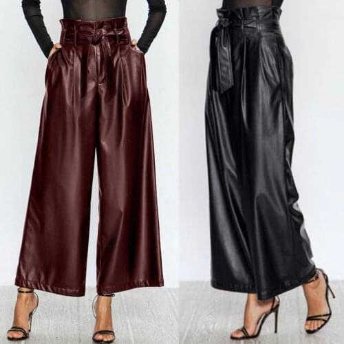Women Wide Leg Pants ZANZEA 2021 Stylish PU Leather Trousers Ruflle High Waist Pantalon Palazzo Female Solid Turnip Oversized