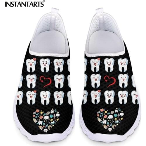 INSTANTARTS Cute Tooth Family and Love Pattern Women Flat Shoes Summer Breathable Air Mesh Sneakers Light Slip-on Loafers 2021