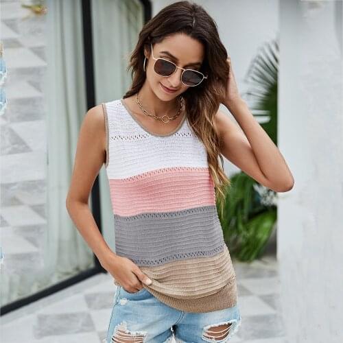 2021 Summer New Ladies Tops V-neck Sleeveless Hollow Stitching Knitted Vest Casual Vintage T Shirt Women Pullover Spring Clothes