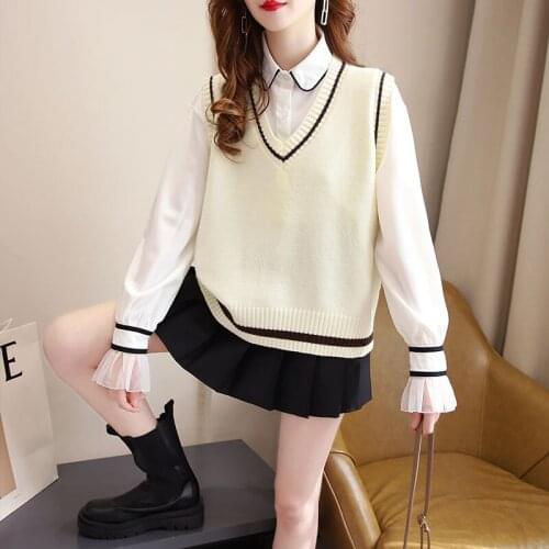 Preppy Sweater Vest Autumn Women V Neck Sleeveless Striped Patchwork Knitted Korean Oversize Female Pullovers Waistcoats Tops