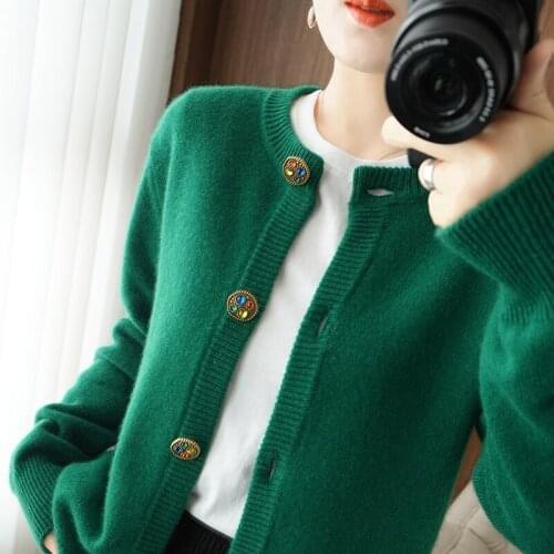 Womens Cardigan Knitted Sweater Female Long Sleeve O-neck 100% Wool Jacket Autumn Spring Loose Cashmere Coat Plus Size Tops