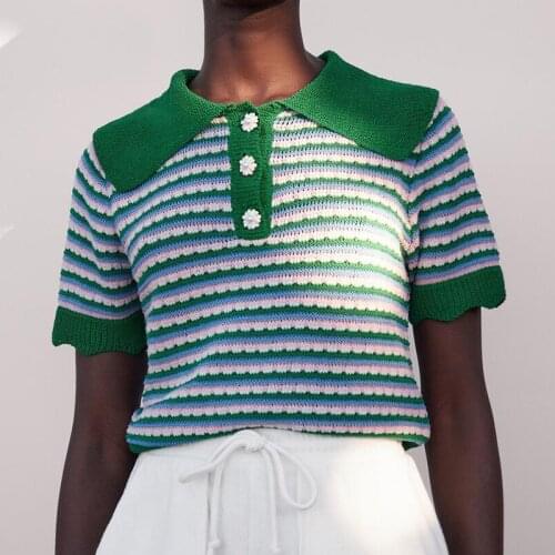 Za Womens Knitted Sweater Vest 2021 Spring Autumn Striped Jewellery Button POLO Tops Vintage Cropped Knitwear Clothes