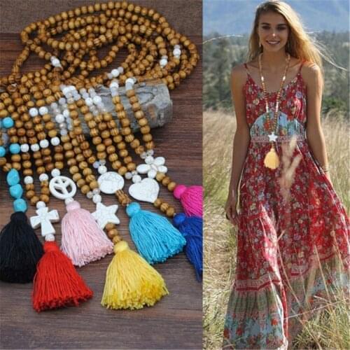 Women Boho Wooden Beaded Tassel Pendant Necklace Long Sweater Chain Jewelry Gift