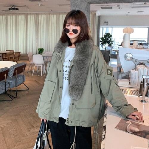 Removable Real Fox Fur Collar Womens Thickened Warm Fashion Coat Rex Rabbit Fur Liner Disassemble Winter Parka Large Pocket