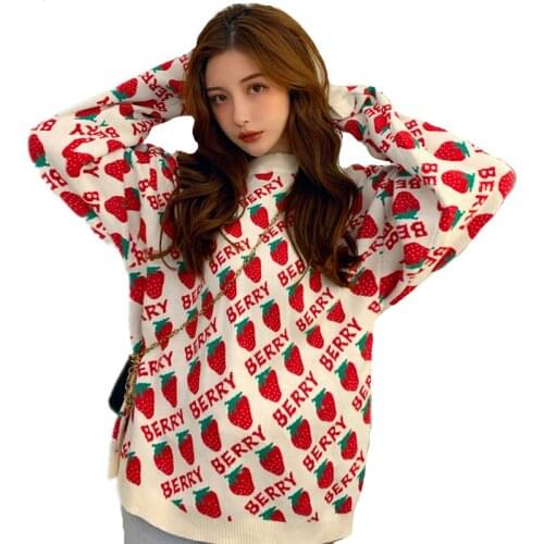 2020 Autumn Winter Sweet Women Sweaters Strawberries Print Long Pullovers Tops Loose Sueter Mujer Kawaii School Girls Knitwear