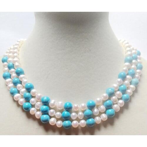 3 strands 7-8mm white pearl blue stone mixed necklace natural Freshwater PEARL Women Jewelry 35cm 43cm 14'' 17