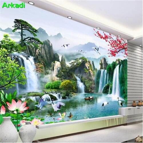 3D Chinese style living room TV background wall paper water wealth mural landscape scenery hotel lobby home decoration painting