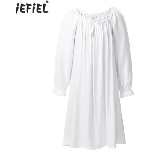 Girls Nightgown Spring Autumn Long Sleeve Soft Cotton Girls Kids Robe Round Neck Ruched Bowknot Teens Pajamas Sleeping Dress