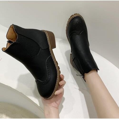 Womens PU Leather Ankle Boots Women Autumn Winter Cross Strappy Vintage Women Zipper Boots Flat Ladies Shoes Woman