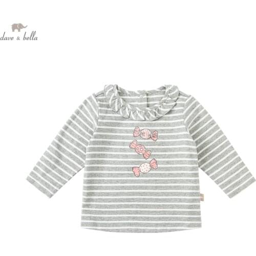 DBS19546 dave bella autumn baby girls cute bow cartoon striped print T-shirt children tops kids girl fashion tees