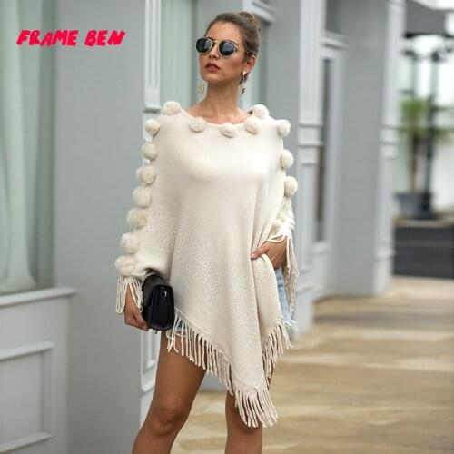 FRAME BEN 2019 Autumn and Winter Elegant Tassel Cloak Shawl Ball O Neck Pullover Solid Color Sweater for Women