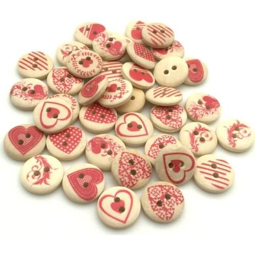 50PCS/Lot 15mm Heart Stripe Pattern 2-holes Round Wooden Buttons For Sewing Clothing Scrapbooking Crafts Home Decor SC059